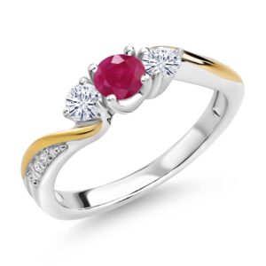 Gem Stone King 925 Silver and 10K Yellow Gold Red Ruby White Moissanite and White Lab Grown Diamond 3 Stone Engagement Ring For Women (0.58 Cttw, July Birthstone, Available In Size 5, 6, 7, 8, 9)