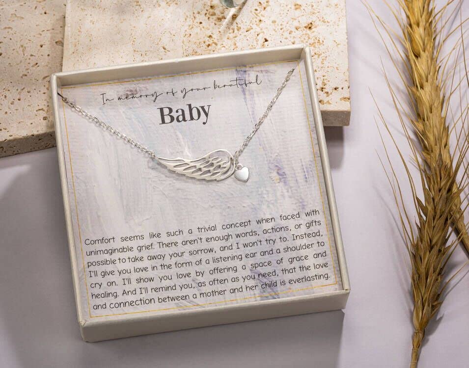 RareLove Miscarriage Gifts for Mothers,925 Sterling Silver Baby Angel Wing Heart Pendant Necklace,Baby Loss Memorial Gifts for Mothers, Bereavement Sympathy Gifts for Loss of Baby