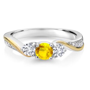 925 Sterling Silver and 10K Yellow Gold Yellow Sapphire and White Lab Grown Diamond 3 Stone Engagement Ring For Women (0.59 Cttw, Gemstone September Birthstone, Available In Size 5, 6, 7, 8, 9)