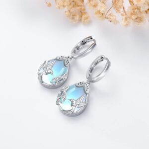 Moonstone Hummingbird Earrings Teardrop Dangle Huggies Earrings 925 Sterling Silver Hoop Earrings Jewelry for Women