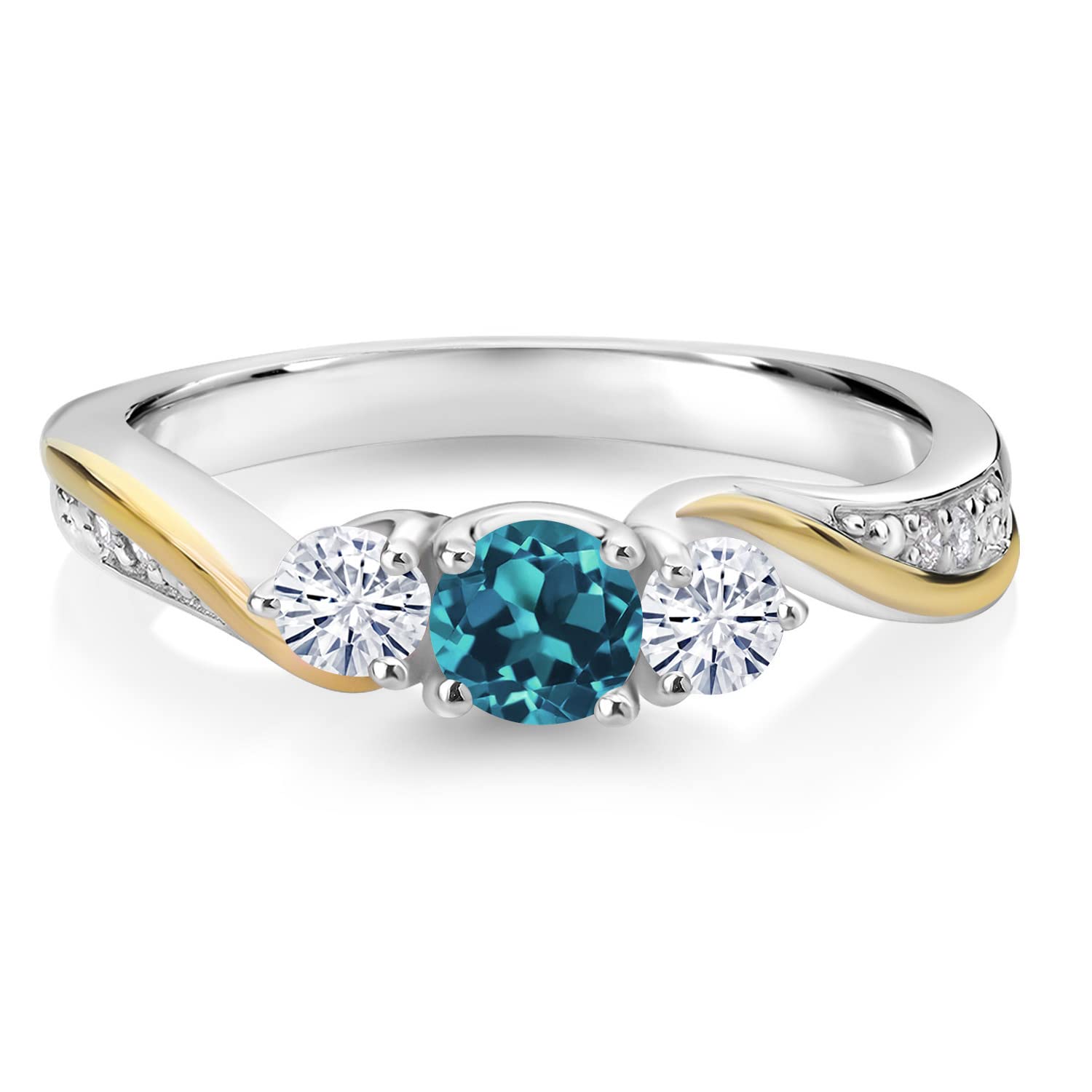 925 Silver and 10K Yellow Gold London Blue Topaz Moissanite from Charles & Colvard and Lab Grown Diamond 3 Stone Engagement Ring For Women (0.56 Cttw, November Birthstone, Size 9)