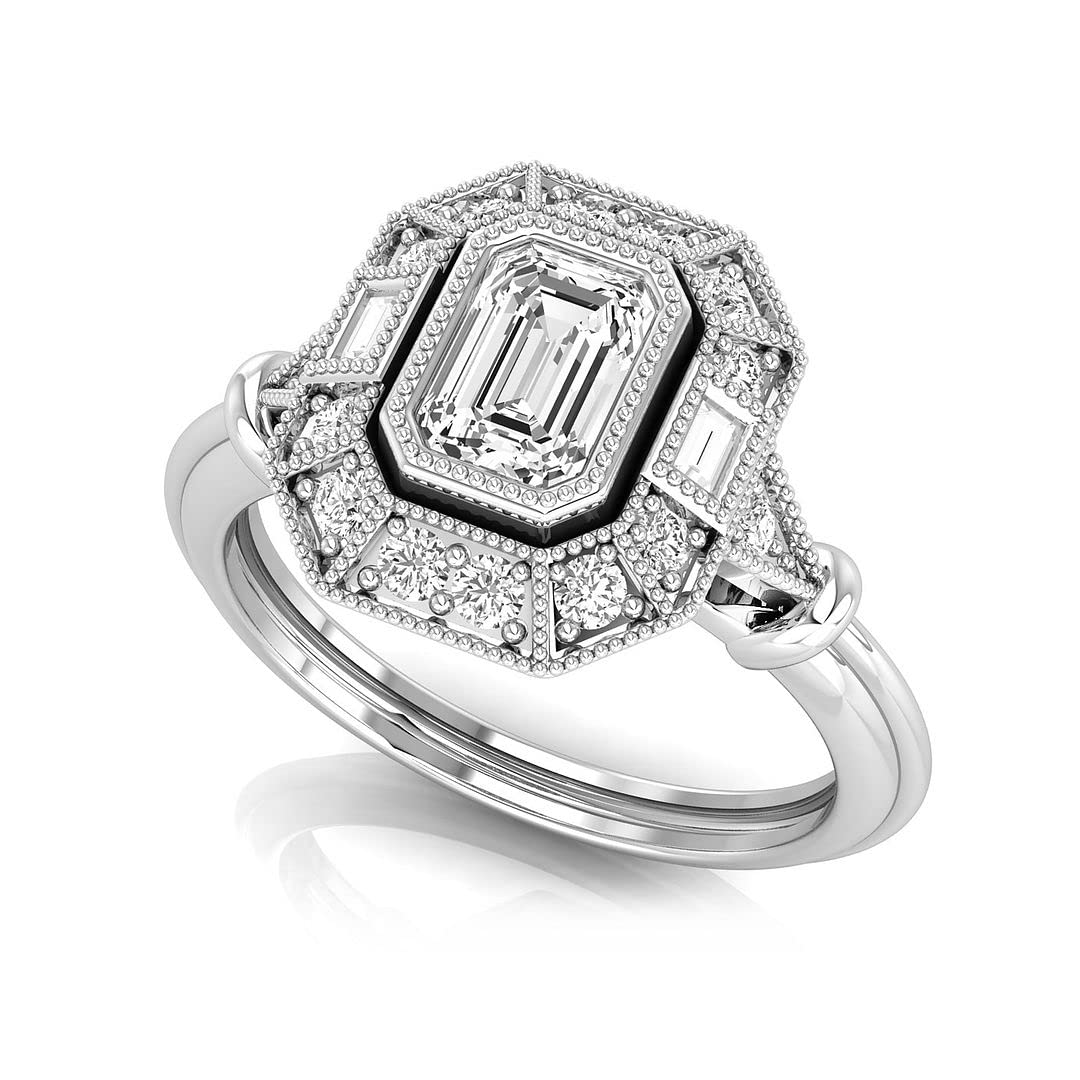 Octa Pearl 0.80 Carat Emerald, Baguette & Round Cut Cubic Zirconia Stone Art Deco Style Wedding Ring In 925 Sterling Silver (VVS, 4/5 CTW, 9 US) CZ Ring