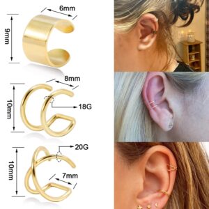 DAILI Gold Cuff Earrings for Women, Trendy Cute Ear Cuff Set Non Piercing Fake Helix Cartilage Huggie Cross Cuff Earrings, 14K Gold Plated Hypoallergenic Simple Double Lines Ear Cuff Earrings (6pcs) (Gold - 6pcs)