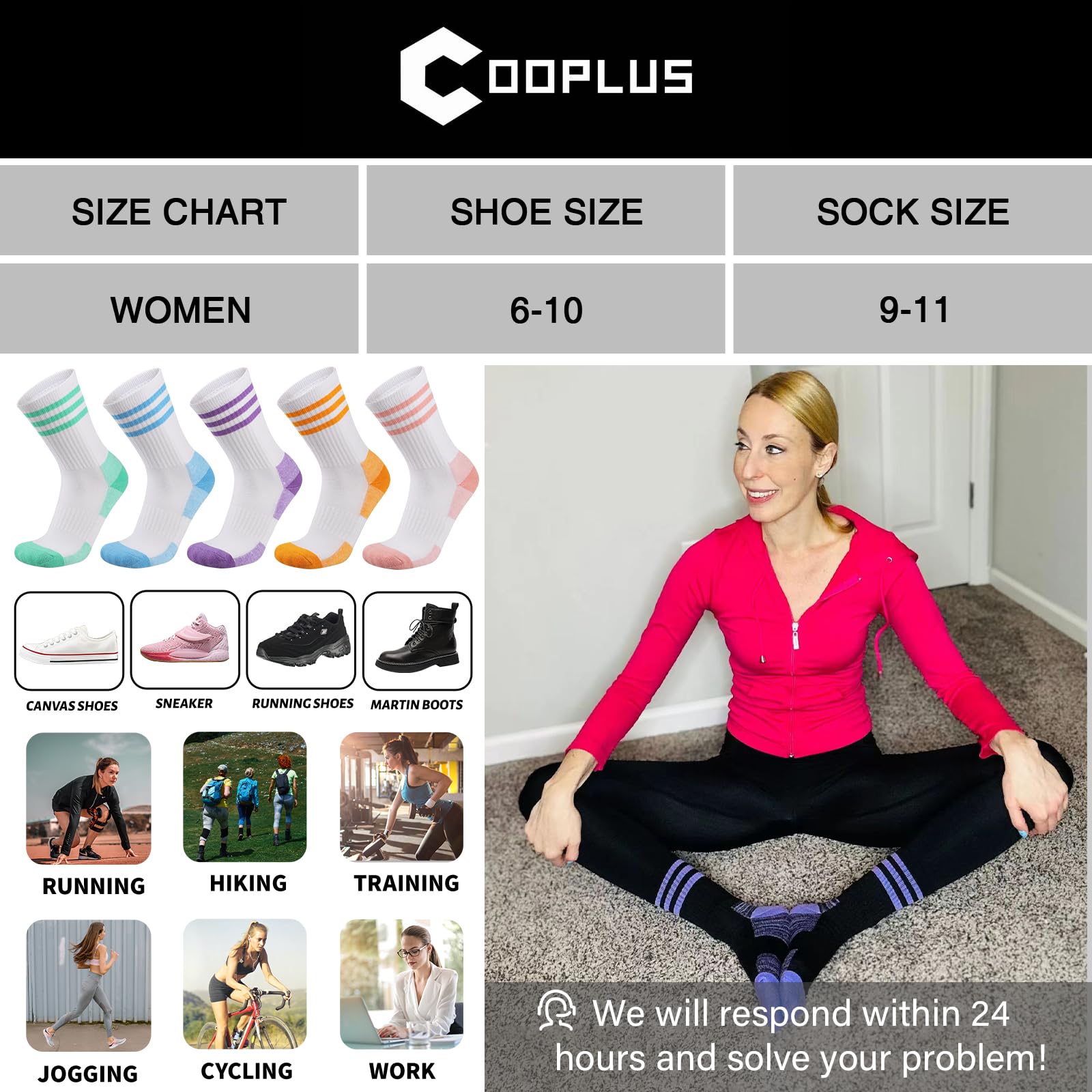 COOPLUS Womens Athletic Crew Socks 5 Pairs Outdoor Recreation Socks Performance Wicking Cushion Mid-Calf Socks