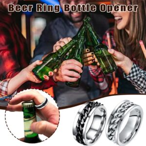 Unisex Beer Ring Bottle Opener Set Chain Rotation Ring Titanium Ring Finger Band for Women Men Jewelry Gift Christmas, Silver