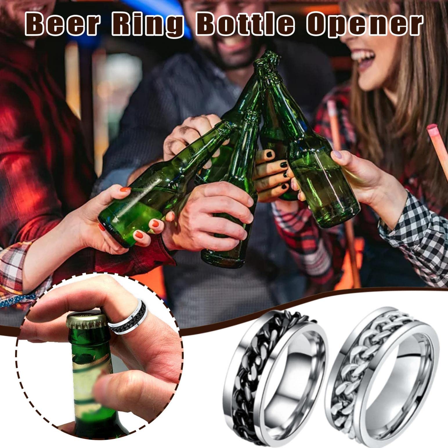 Unisex Beer Ring Bottle Opener Set Chain Rotation Ring Titanium Ring Finger Band for Women Men Jewelry Gift Christmas, Silver