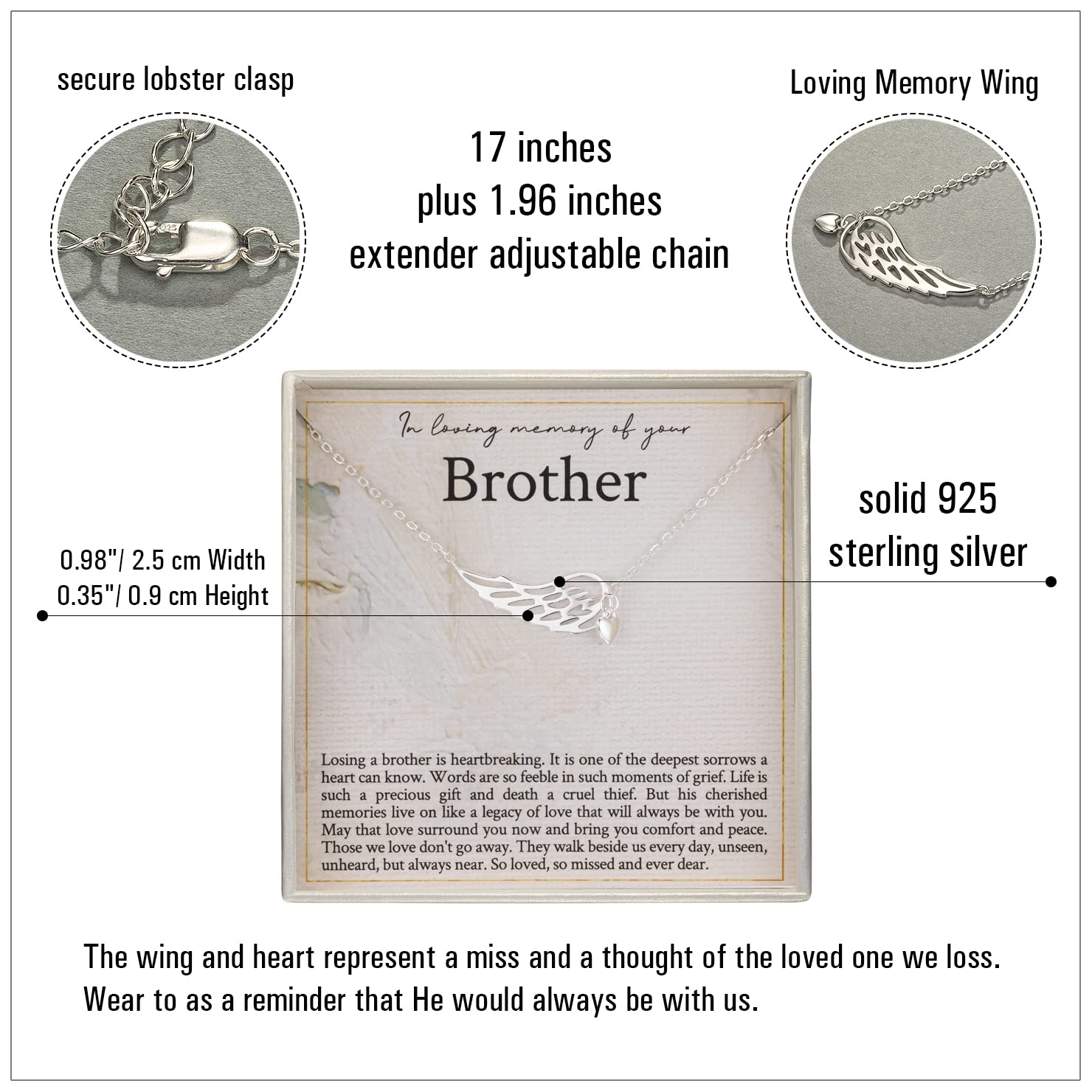 RareLove Memorial Gifts for Loss of Brother,925 Sterling Silver Angel Wing Heart Pendant Necklace,In Loving Memory of Brother Bereavement Gifts,Condolence Gift