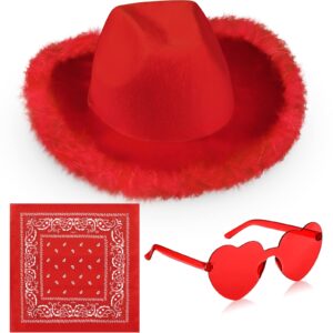 Handepo 3 Pcs Cowgirl Cowboy Hat Set Cowgirl Hat with Feathers Heart Shaped Sunglasses Bandana Accessories for Women Cowgirl(Red)