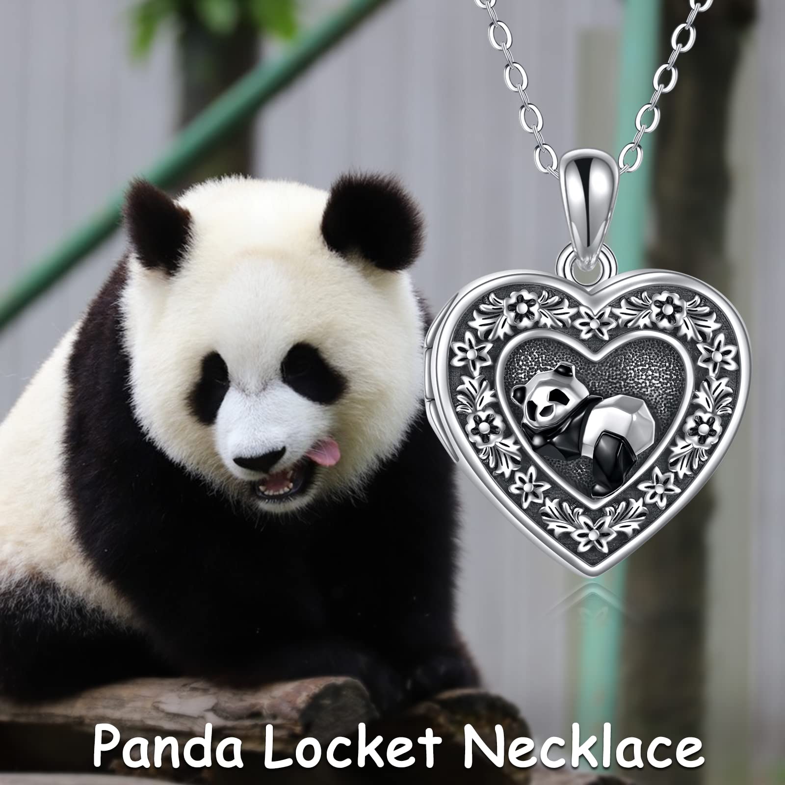 ONEFINITY Panda Locket Necklace That Holds Pictures Sterling Silver Flower And Panda Necklace Pendant Heart Locket Jewelry Birthday Gifts for Women