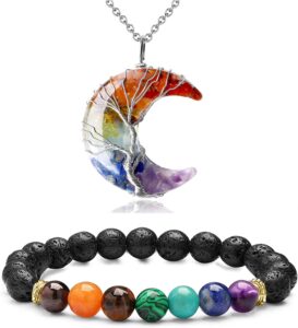 7 chakra healing crystal necklace tree of life wire wrapped crescent moon chakra stones pendant necklaces and 8mm 7 chakra lava rock stone beaded stretch bracelets energy gift jewelry for women