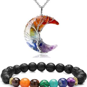 7 Chakra Healing Crystal Necklace Tree of Life Wire Wrapped Crescent Moon chakra stones Pendant Necklaces AND 8mm 7 Chakra Lava Rock Stone Beaded Stretch Bracelets Energy gift jewelry for women