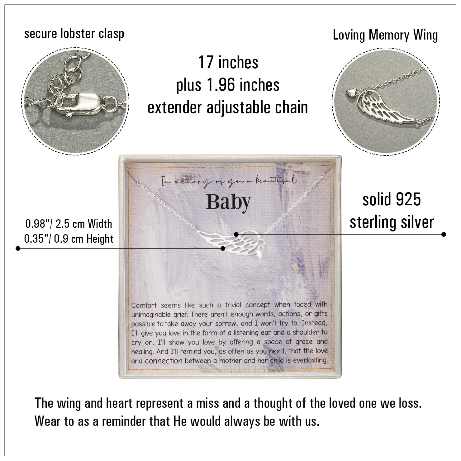 RareLove Miscarriage Gifts for Mothers,925 Sterling Silver Baby Angel Wing Heart Pendant Necklace,Baby Loss Memorial Gifts for Mothers, Bereavement Sympathy Gifts for Loss of Baby