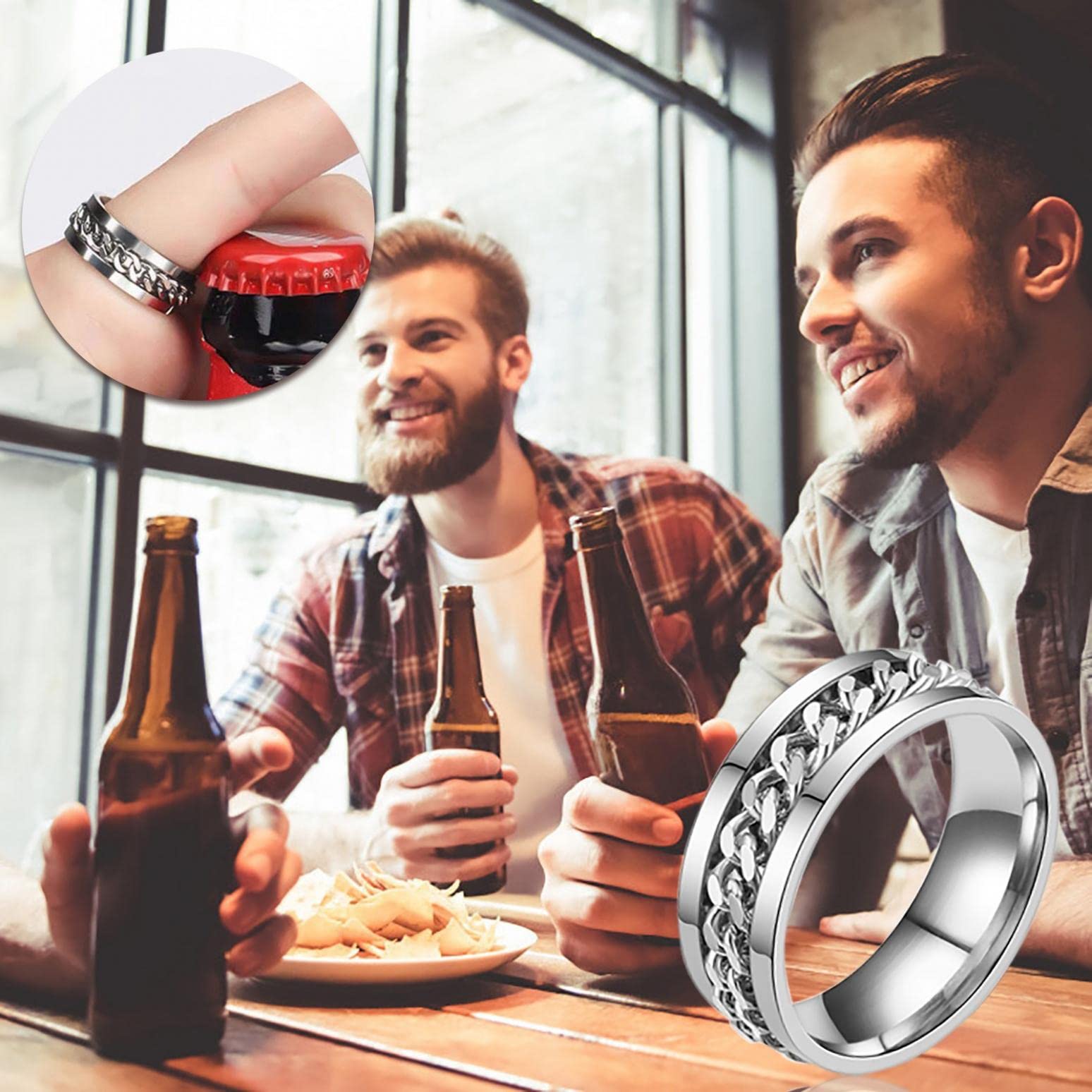 Unisex Beer Ring Bottle Opener Set Chain Rotation Ring Titanium Ring Finger Band for Women Men Jewelry Gift Christmas, Silver