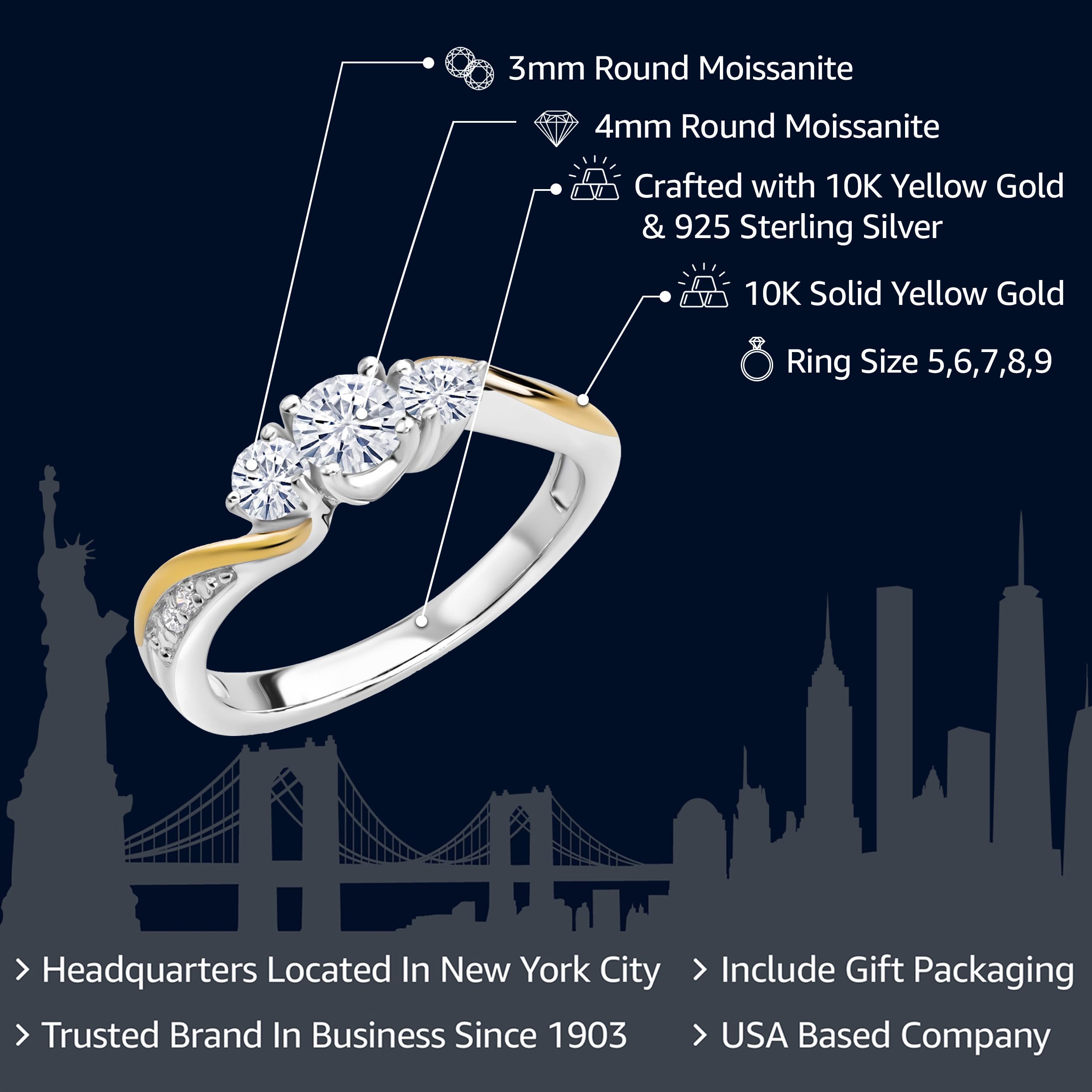 Gem Stone King 925 Sterling Silver and 10K Yellow Gold White Moissanite and White Lab Grown Diamond 3 Stone Engagement Ring For Women | 0.46 Cttw | Available In Size 5, 6, 7, 8, 9