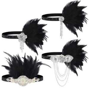 Patelai 4 Pcs Halloween Vintage 1920s Flapper Headband Rhinestone Flapper Headpiece Roaring 20s Accessories for Women (Black)