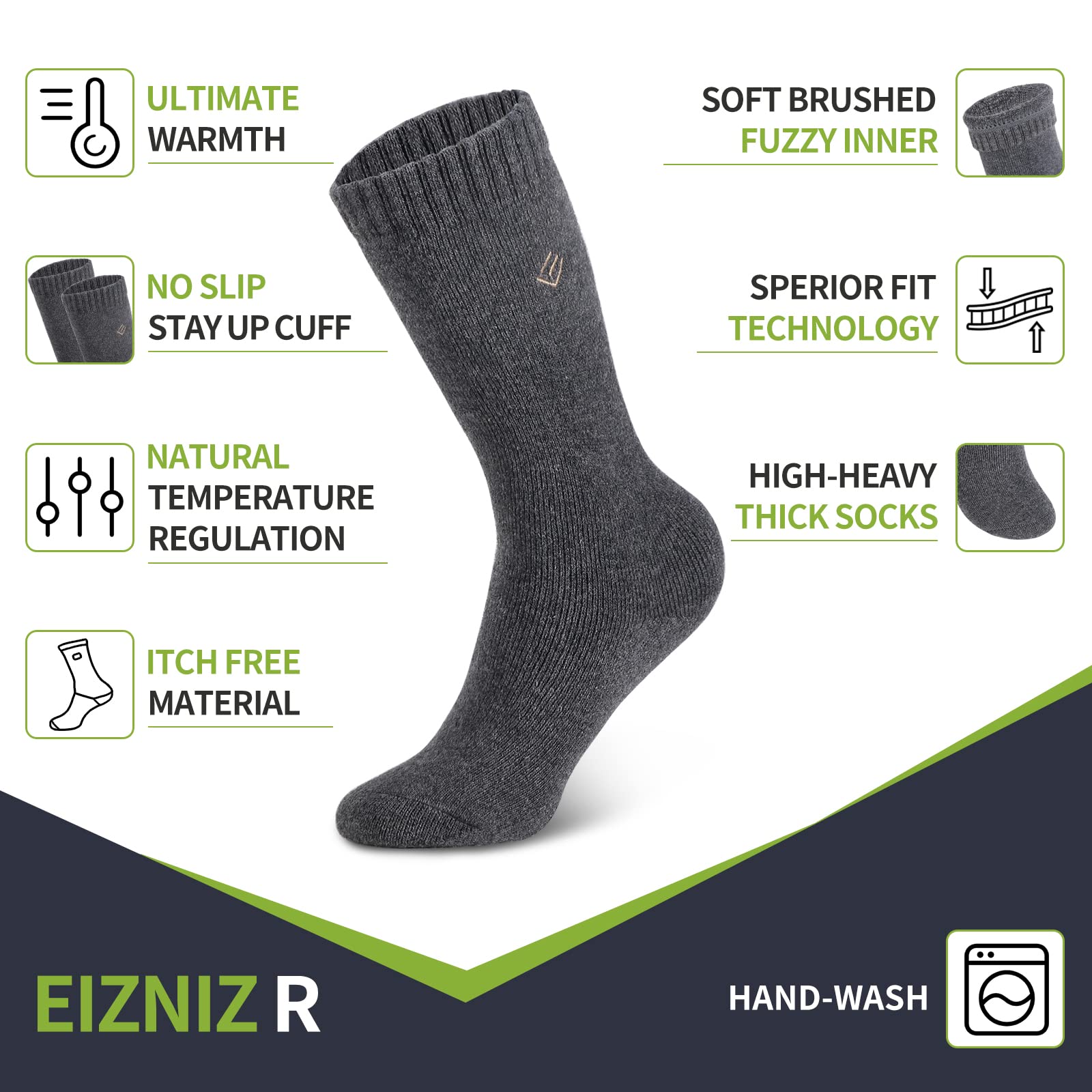 EIZNIZ 3 Pairs Merino Wool Socks for Men & Women, Thermal Warm Winter Crew Socks for Hiking, Unisex Cold Weather Boot Socks