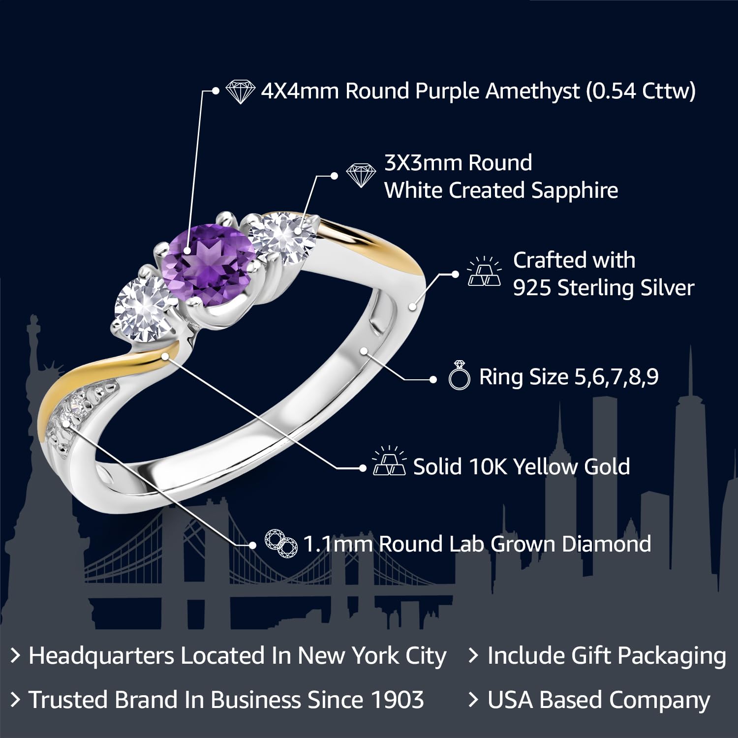 925 Silver and 10K Yellow Gold Purple Amethyst White Created Sapphire and White Lab Grown Diamond 3 Stone Engagement Ring For Women (0.54 Cttw, February Birthstone, Available In Size 5, 6, 7, 8, 9)