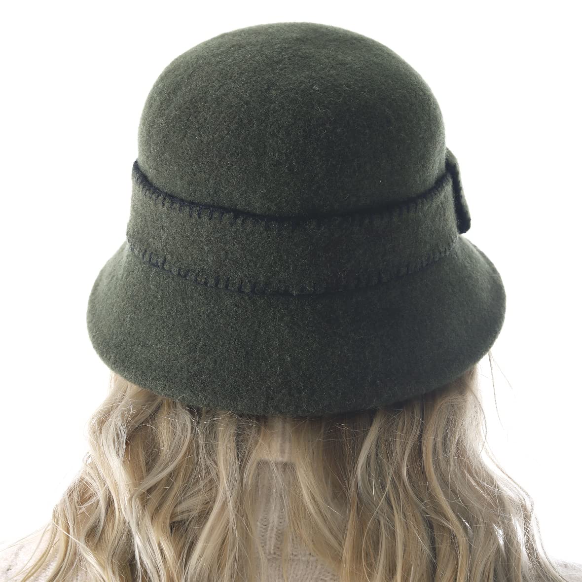 Women Elegant Winter Wool Bucket Hat 1920s Vintage Cloche Bowler Hats (Green)