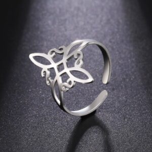 Dreamtimes Witch Knot Ring for Women Stainless Steel Adjustable Open Finger Rings Celtic Quaternary Wiccan Witches Knot Ring Witchcraft Amulet Jewelry Birthday Gift (SILVER)