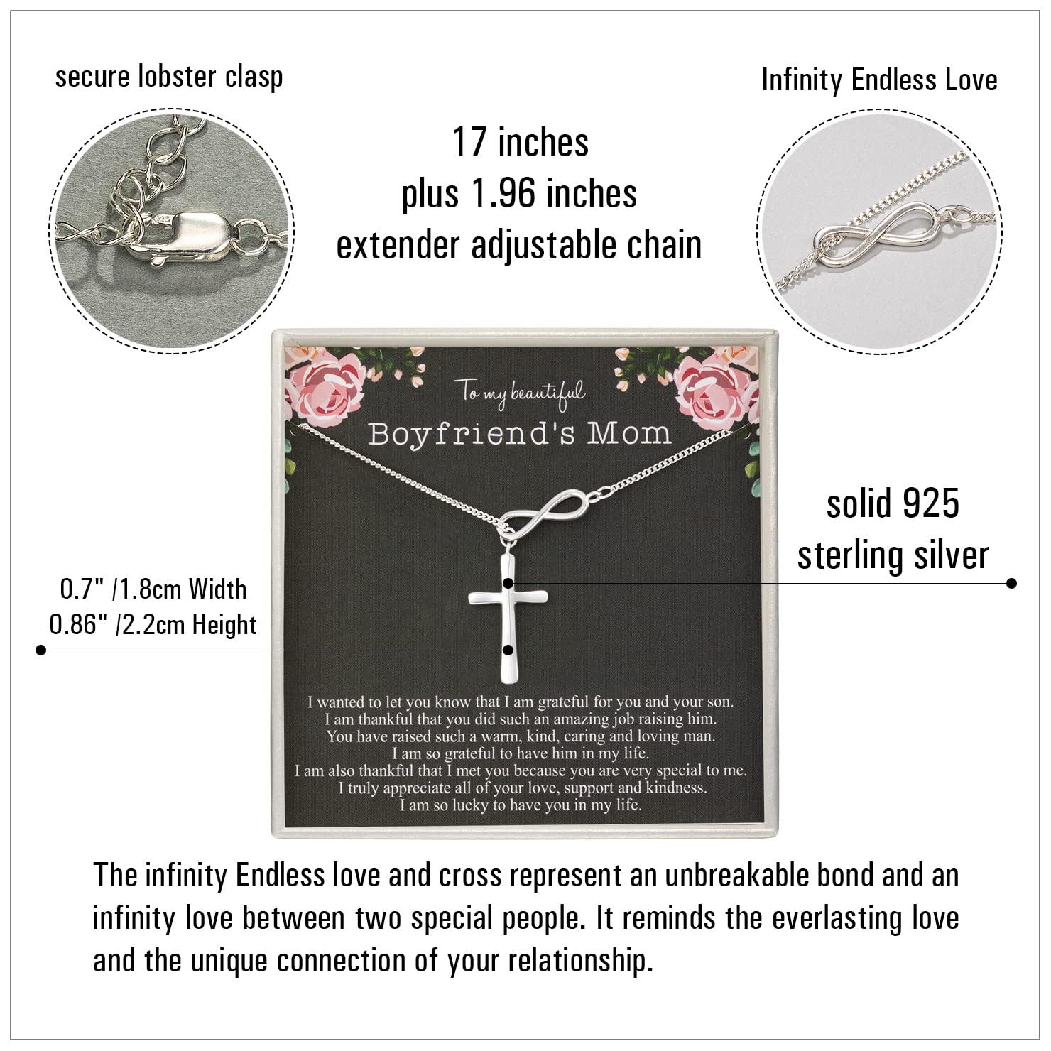 RareLove To My Boyfriends Mom Necklace,925 Sterling Silver Infinity Cross Necklace for Women,Boyfriends Mom Christmas Gifts,Future Mother in law Gifts