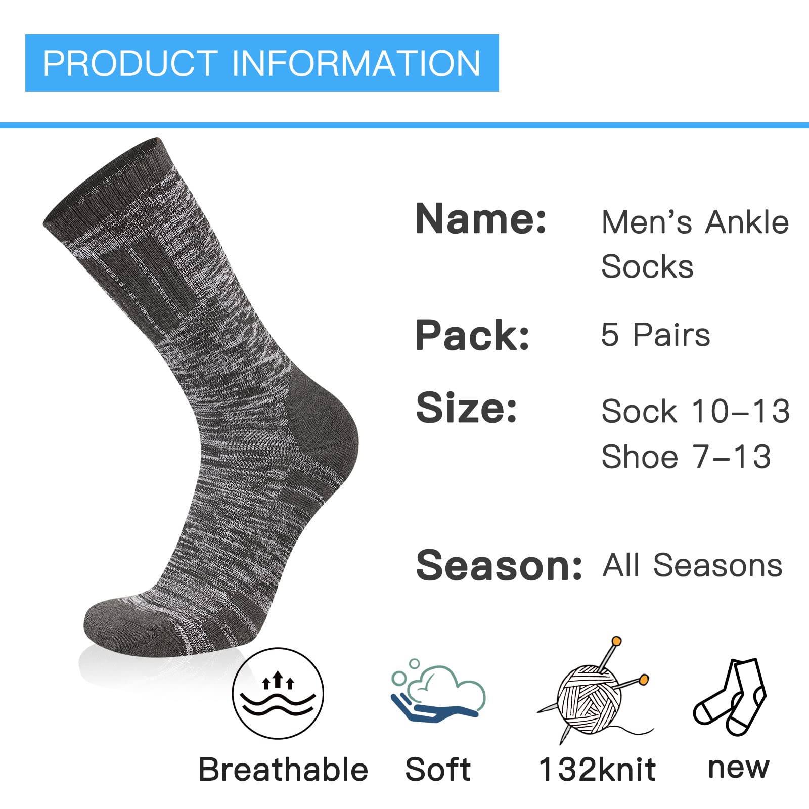 COOVAN Mens Hiking Socks Crew Outdoor Socks 5 Pairs Moisture Wicking Cushioned Athletic Boot Socks