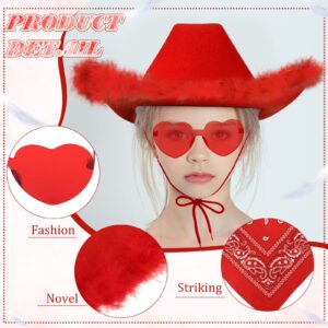 Handepo 3 Pcs Cowgirl Cowboy Hat Set Cowgirl Hat with Feathers Heart Shaped Sunglasses Bandana Accessories for Women Cowgirl(Red)