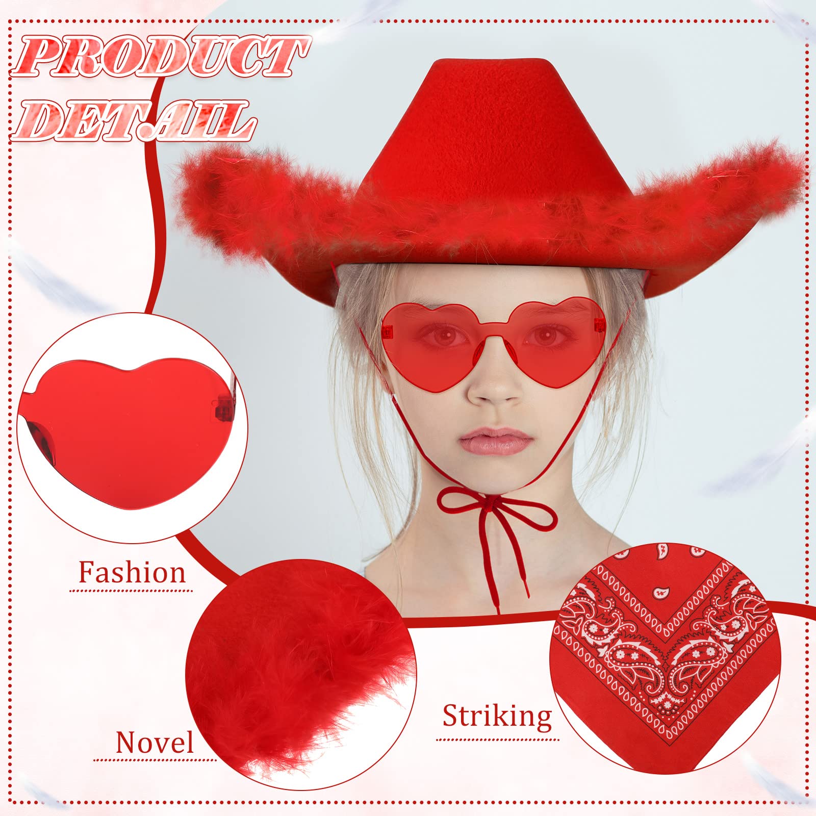 Handepo 3 Pcs Cowgirl Cowboy Hat Set Cowgirl Hat with Feathers Heart Shaped Sunglasses Bandana Accessories for Women Cowgirl(Red)