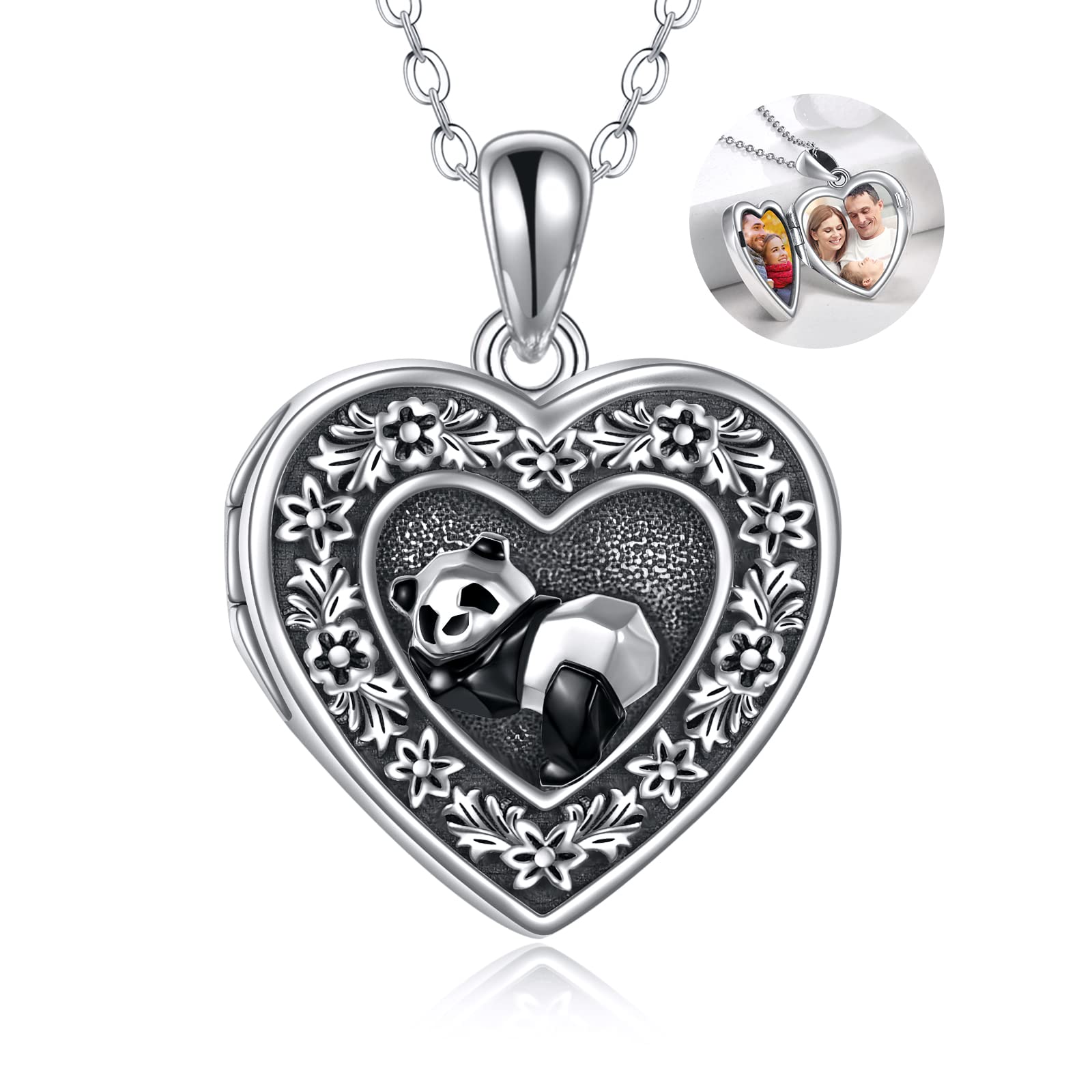 ONEFINITY Panda Locket Necklace That Holds Pictures Sterling Silver Flower And Panda Necklace Pendant Heart Locket Jewelry Birthday Gifts for Women