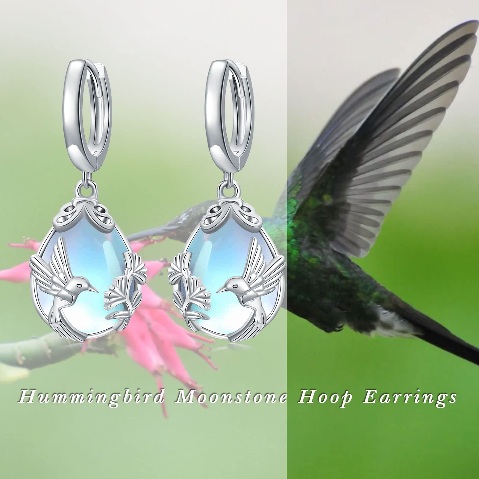 Moonstone Hummingbird Earrings Teardrop Dangle Huggies Earrings 925 Sterling Silver Hoop Earrings Jewelry for Women