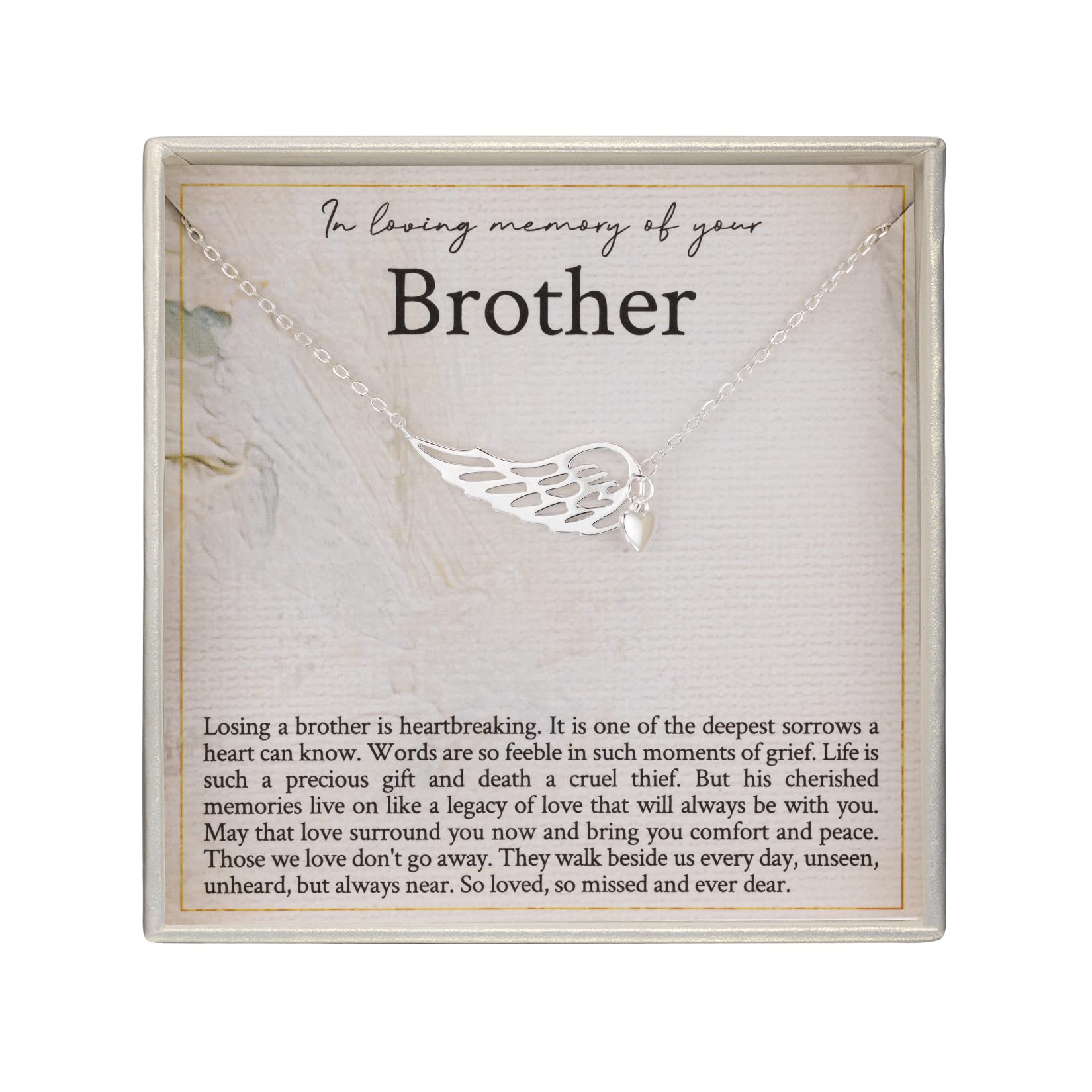 RareLove Memorial Gifts for Loss of Brother,925 Sterling Silver Angel Wing Heart Pendant Necklace,In Loving Memory of Brother Bereavement Gifts,Condolence Gift