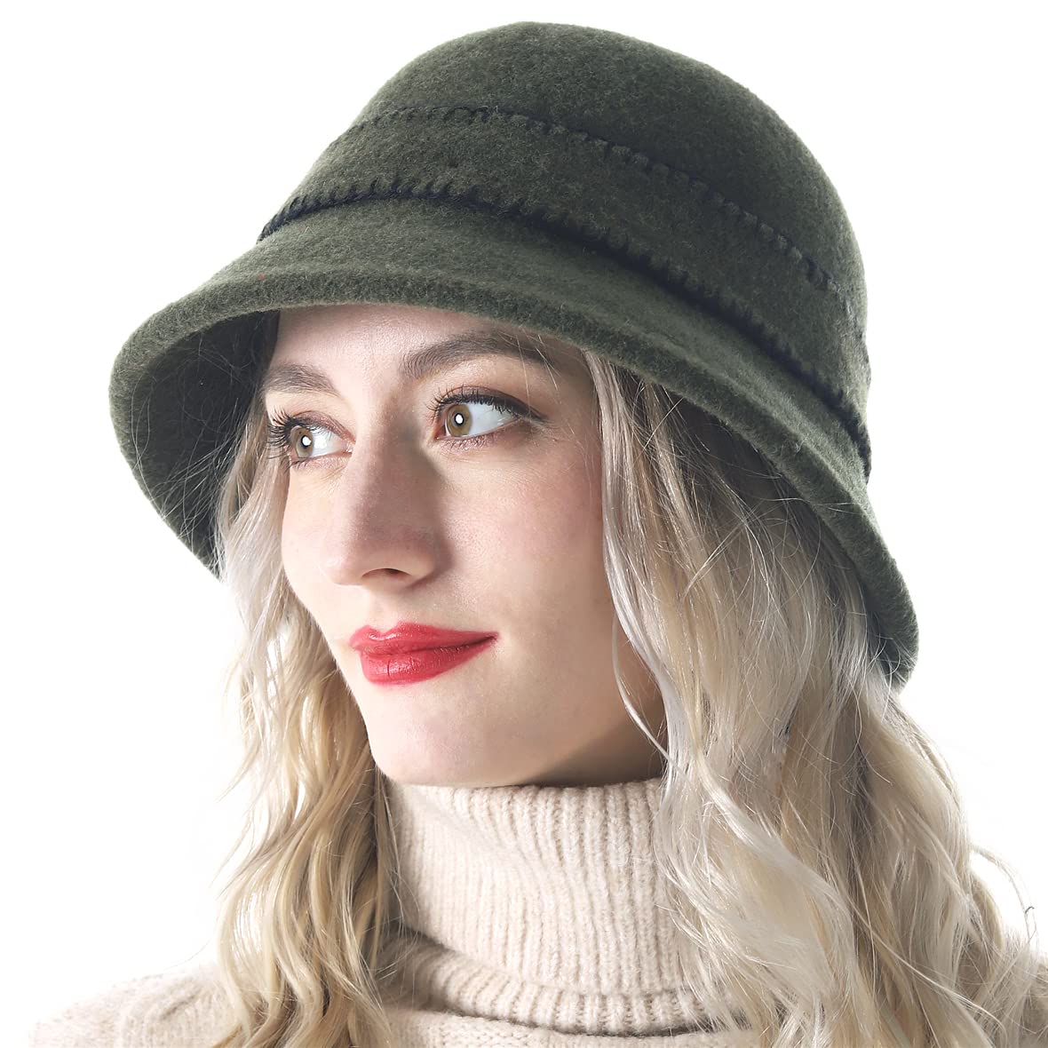 Women Elegant Winter Wool Bucket Hat 1920s Vintage Cloche Bowler Hats (Green)