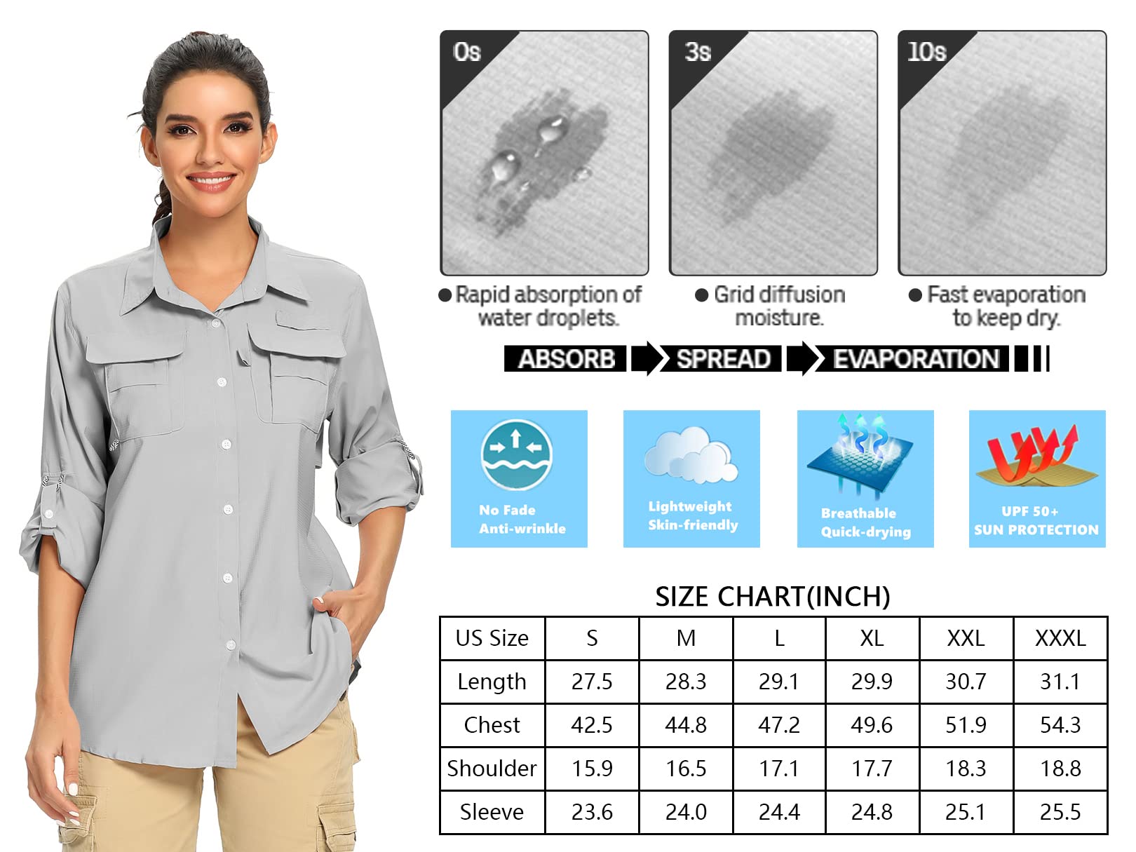 Jessie Kidden Women's UPF 50+ UV Sun Protection Safari Shirt, Long Sleeve Outdoor Cool Quick Dry Fishing Hiking Gardening Shirts (5055 Grey XL)