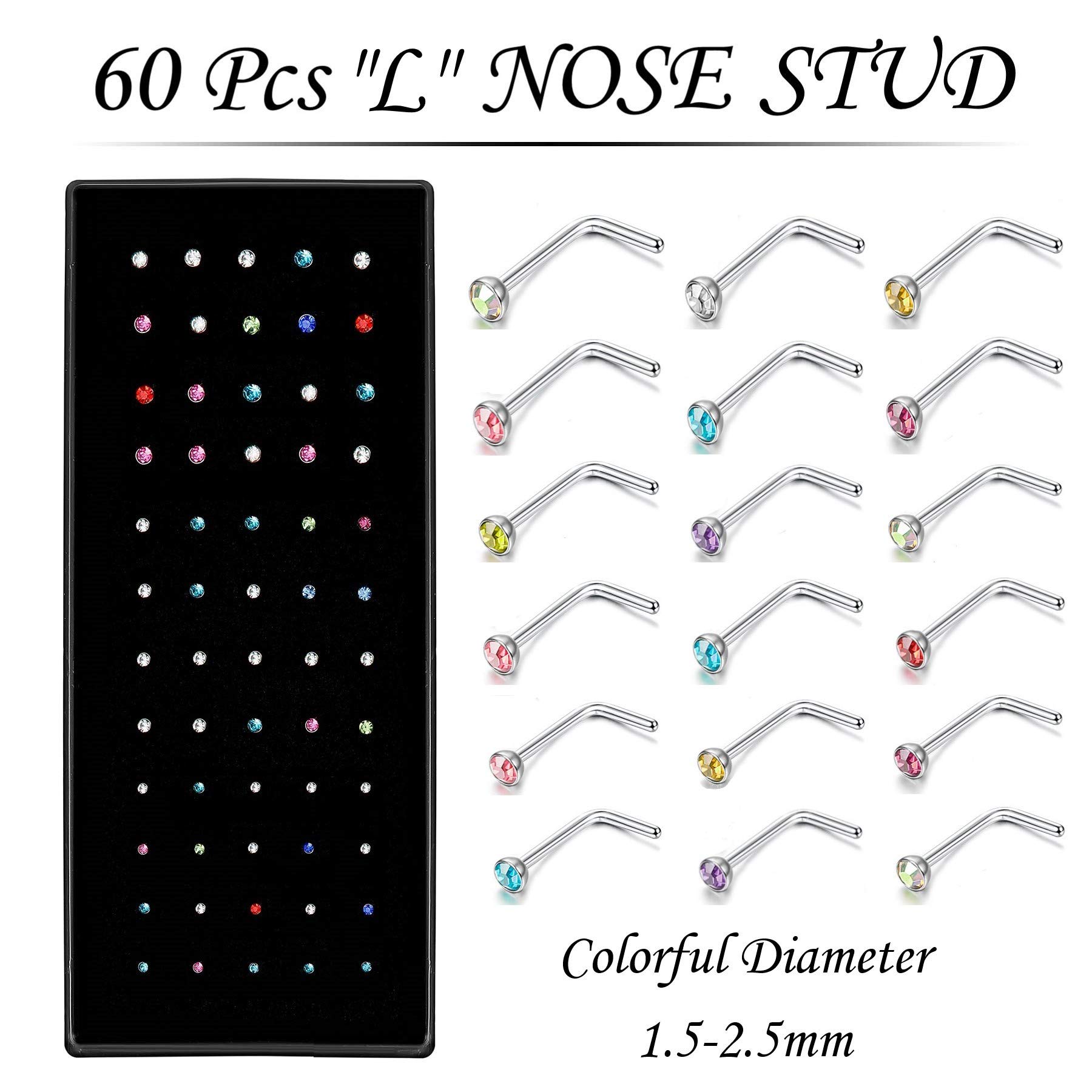 OMAIGAR Nose Rings Studs, L Shaped Surgical Stainless Steel Nose Studs Color Diamond Rhinestone Crystal, Hypoallergenic Nose Piercing Jewelry for Women Men and Ideal Gift