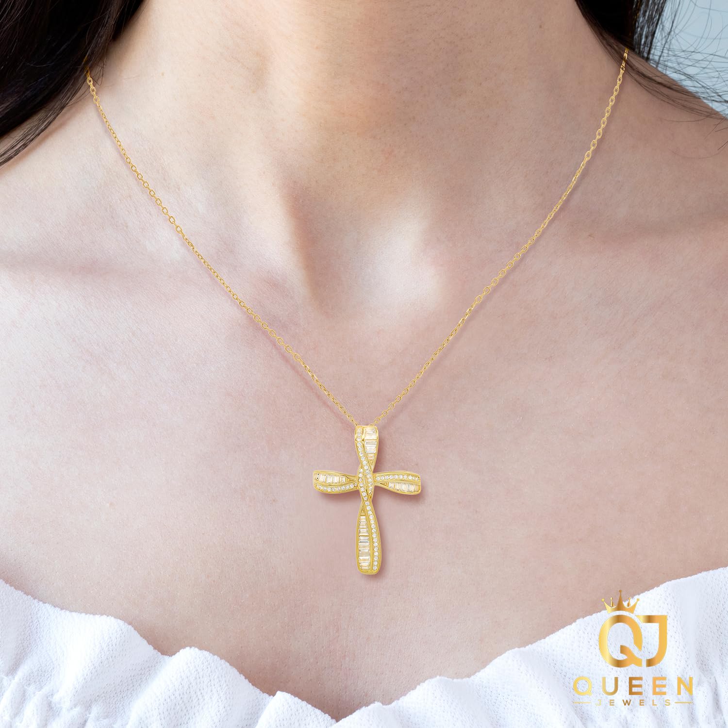 925 Sterling Silver Necklace for Women, Fancy Baguette Cubic Zirconia Twist Cross Pendant, 14k Yellow Gold Plated, Sterling Silver Yellow Gold, Cubic Zirconia