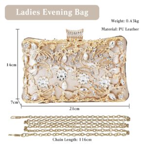 CORIOS Rhinestone Evening Bag for Women Crystal Clutch Bag Sparkly Sequin Glitter Handbag Floral Shoulder Bag Bridal Wedding Purse Crossbody Bag for Wedding Cocktail Party Banquet Prom Gold