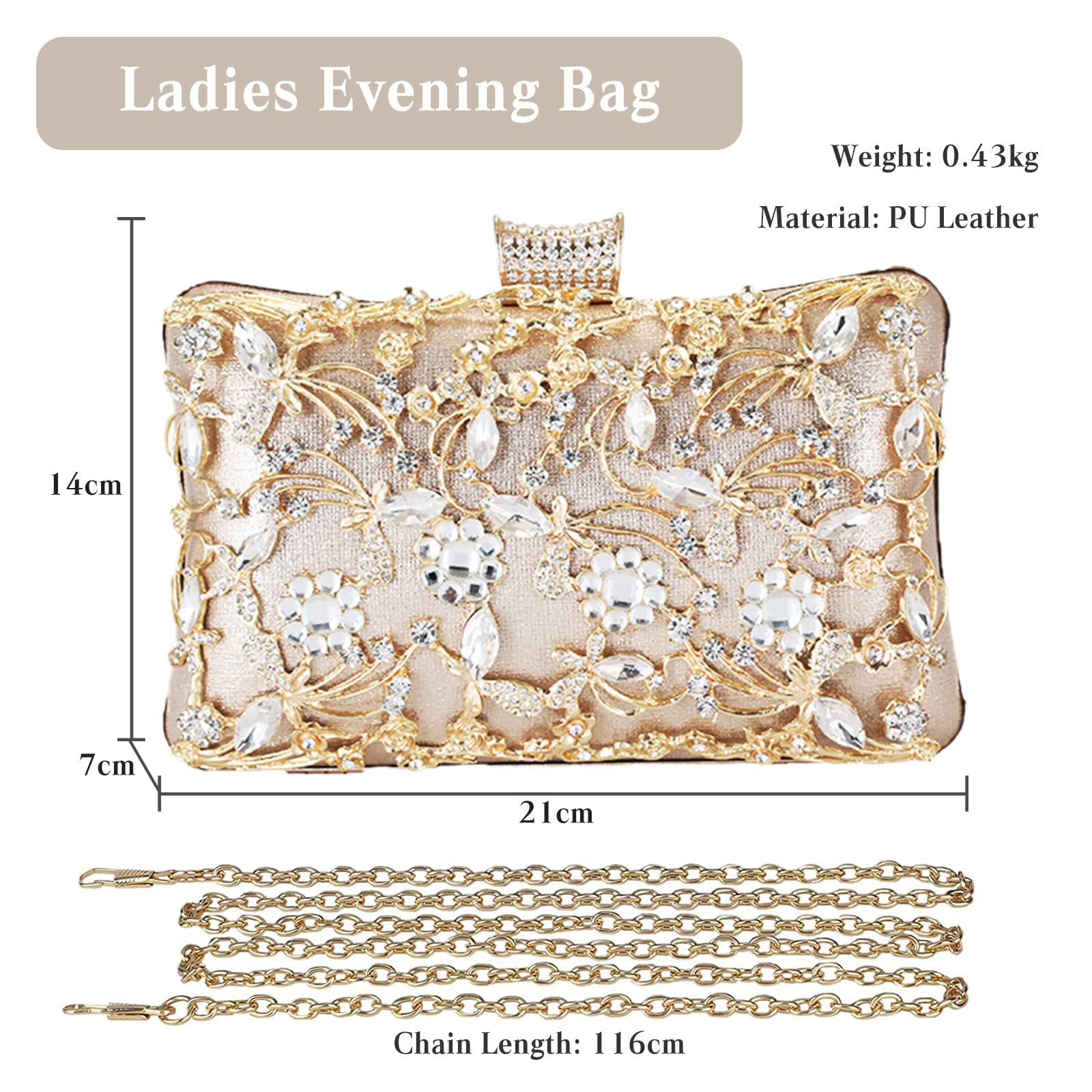 CORIOS Rhinestone Evening Bag for Women Crystal Clutch Bag Sparkly Sequin Glitter Handbag Floral Shoulder Bag Bridal Wedding Purse Crossbody Bag for Wedding Cocktail Party Banquet Prom Gold