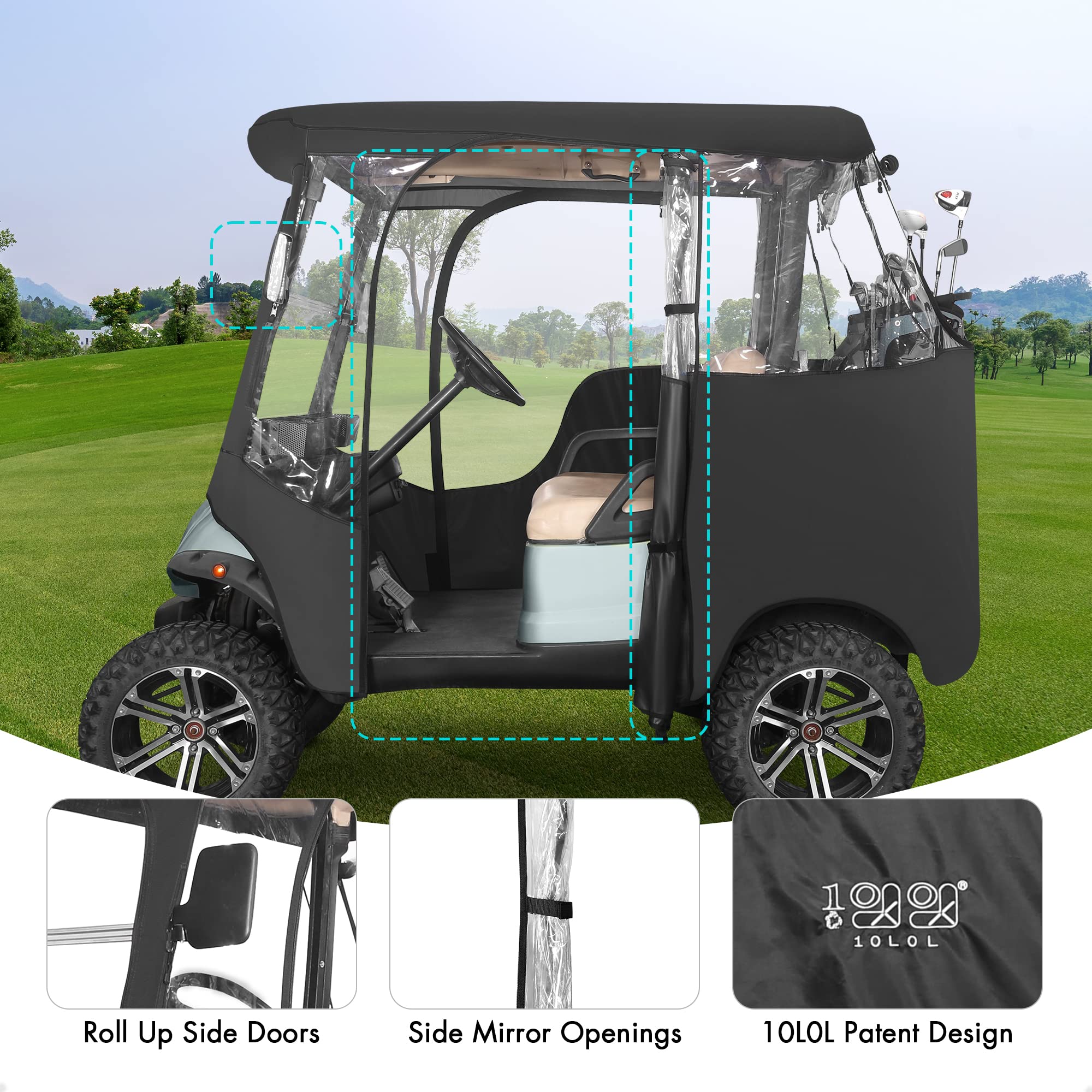 10L0L Golf Cart Driving Enclosure 2 Passenger fit Yamaha G14 G16 G22 G29 Drive and Drive 2, Golf Cart Rain Cover with Clear Roll-Up Windshield, Side Mirror Openings, Waterproof Oxford Cloth Enclosure