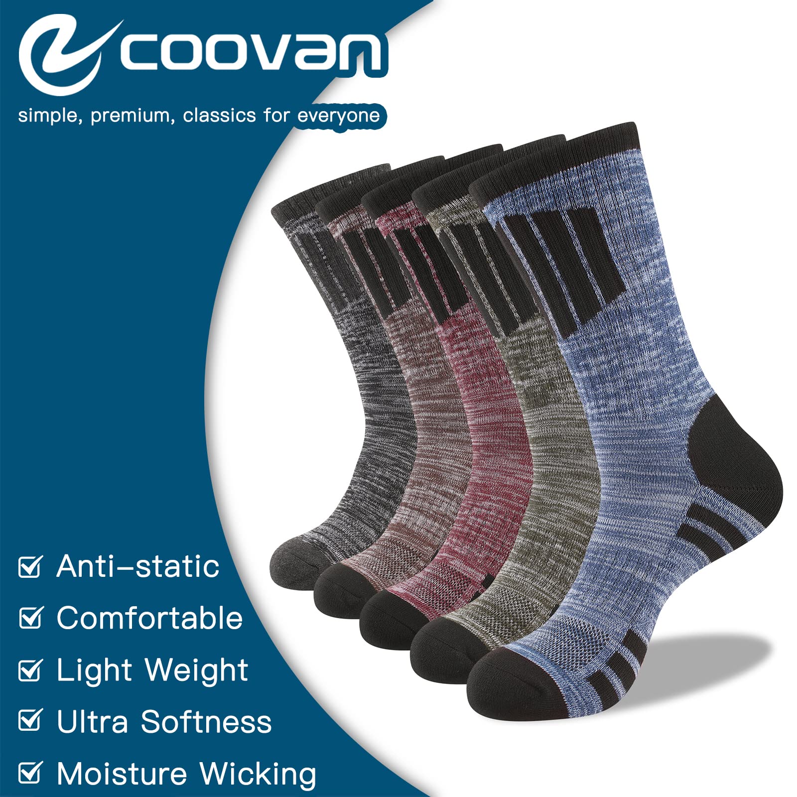 COOVAN Mens Hiking Socks Crew Outdoor Socks 5 Pairs Moisture Wicking Cushioned Athletic Boot Socks