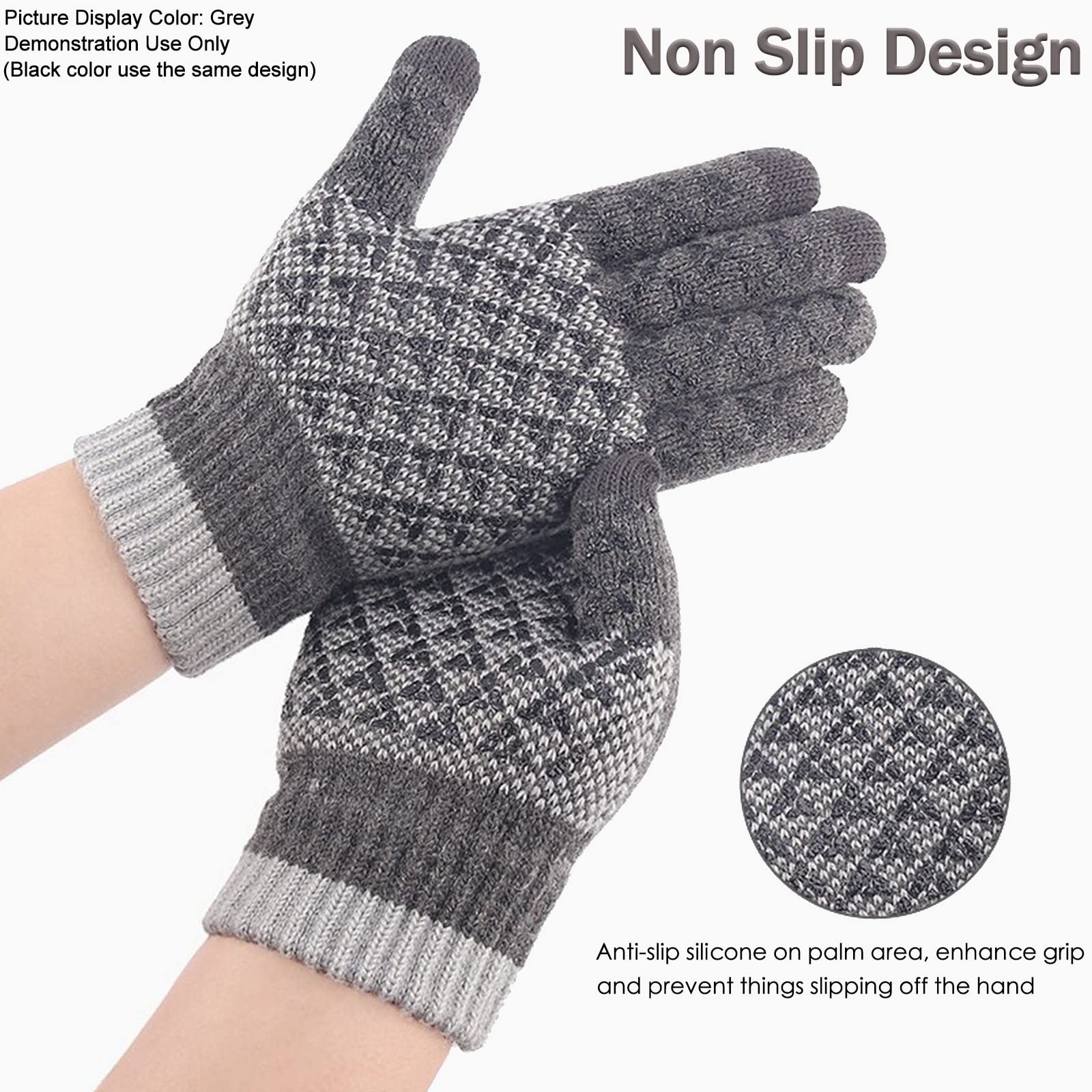 Long Keeper Winter Touchscreen Gloves for Women Men Anti-Slip Touch Screen Knit Warm Thicken Gloves (Black)