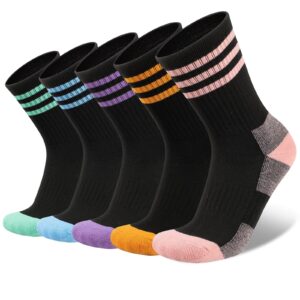 COOPLUS Womens Athletic Crew Socks 5 Pairs Outdoor Recreation Socks Performance Wicking Cushion Mid-Calf Socks