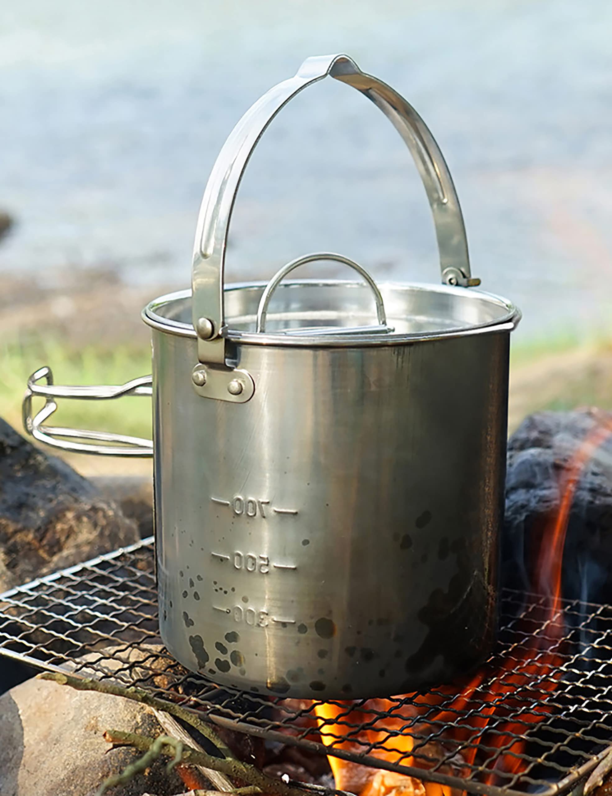 DZRZVD Camping Coffee Kettle and Mugs Set - Stainless Steel Pot with Collapsible Handle and Lid - Boiling Water with Open Fire for Hiking Backpacking Picnic Outdoor - 1.2 L