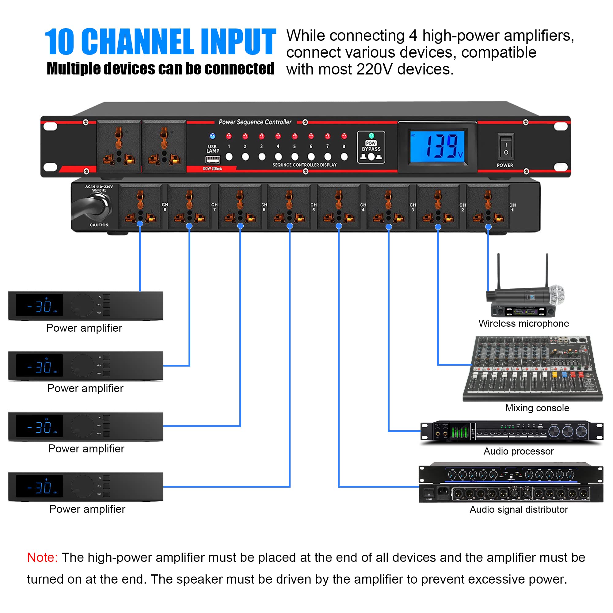 Micfuns Pro Audio 10 Outlet Power Conditioner,8 Independent Switch Conditioner, Power Strip Surge Protector 110-230v 2000W Single Channel Max Output 16 Amps Black