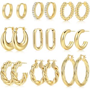 9 pairs hoop earrings for women, lightweight chunky twisted hoop earrings set for gift