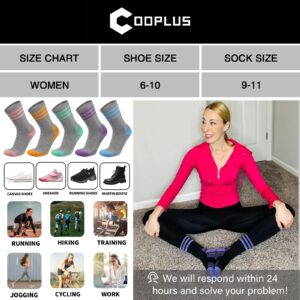 COOPLUS Womens Athletic Crew Socks 5 Pairs Outdoor Recreation Socks Performance Wicking Cushion Mid-Calf Socks