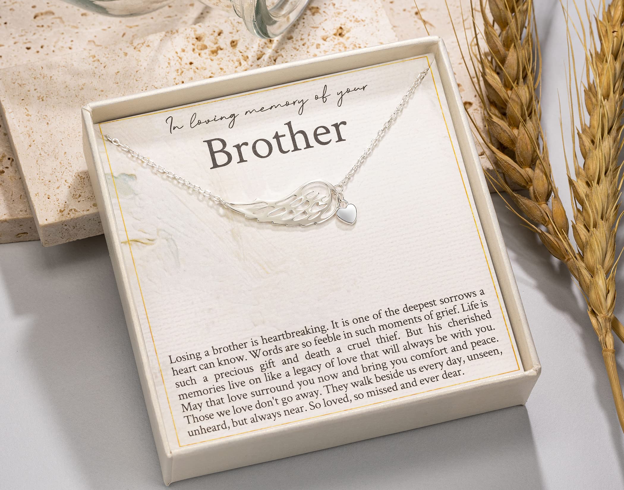 RareLove Memorial Gifts for Loss of Brother,925 Sterling Silver Angel Wing Heart Pendant Necklace,In Loving Memory of Brother Bereavement Gifts,Condolence Gift