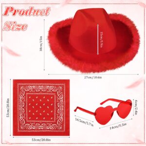 Handepo 3 Pcs Cowgirl Cowboy Hat Set Cowgirl Hat with Feathers Heart Shaped Sunglasses Bandana Accessories for Women Cowgirl(Red)