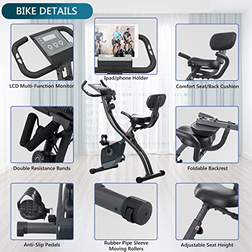 MAIBO Foldable Exercise Bike, Stationary Bikes for Home for Seniors, Exercise Equipment Full Body Workout Machines with Arm Resistance Band, Comfort Back Support Cushion & 4th gear Backrest Adjustments, Heart-Rate Monitor LCD Monitor