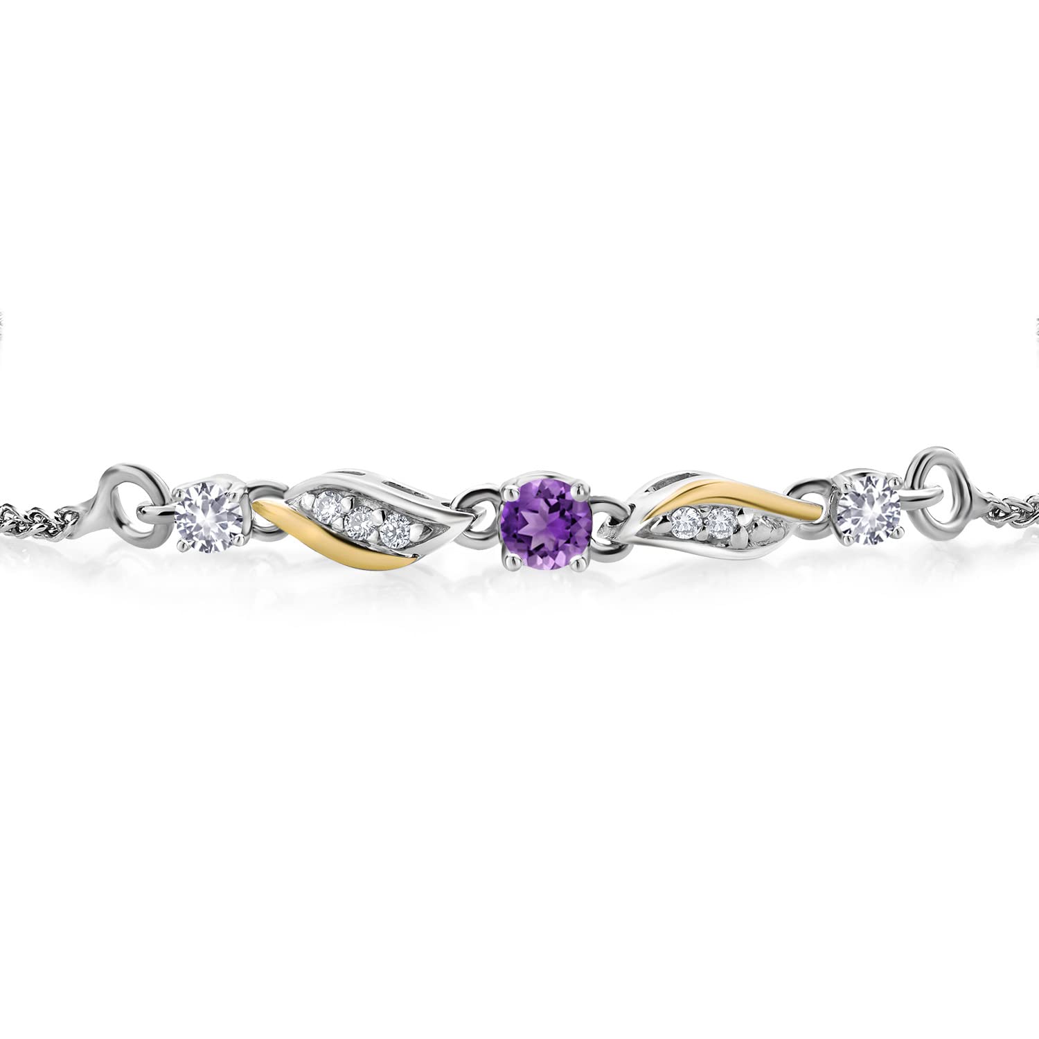 925 Sterling Silver and 10k Yellow Gold Purple Amethyst White Created Sapphire and White Lab Grown Diamond Tennis Bracelet For Women (0.30 Cttw, February Birthstone, Fully Adjustable Up to 9 Inch)