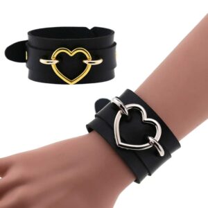 FM FM42 Punk Gothic Red PU Simulated Leather Silver-tone Heart Ring 4cm(1.57") Wide Bracelet, Pack of 2