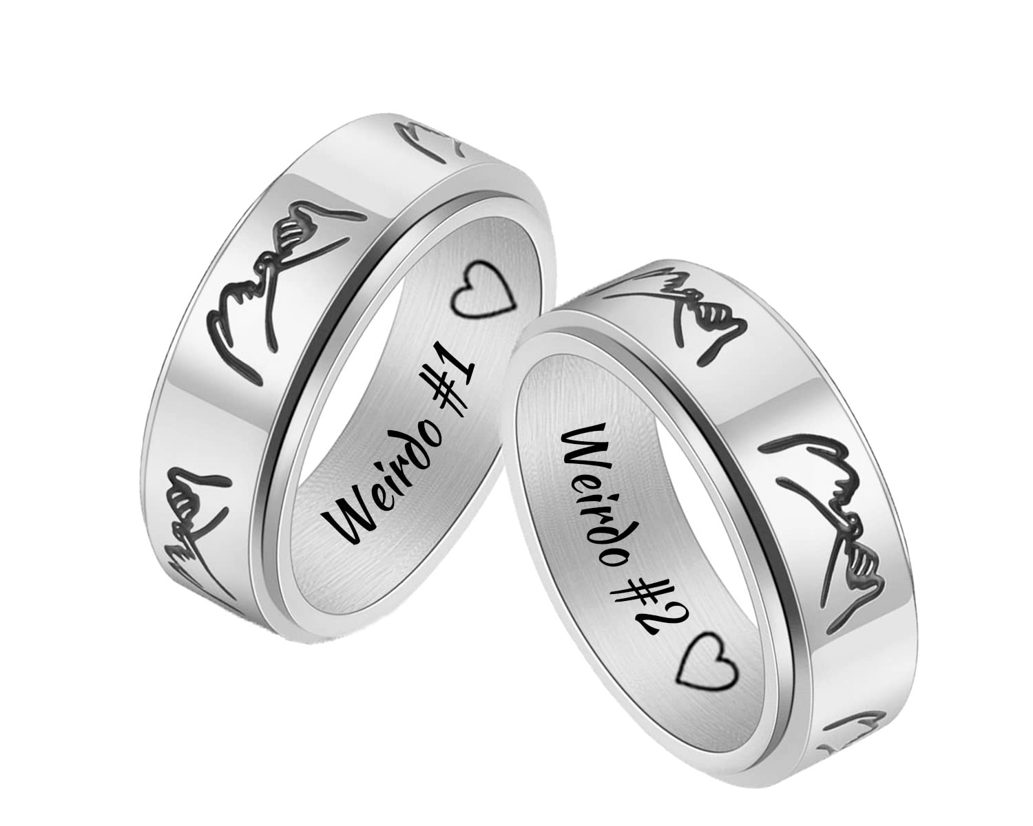 QINGDUO Weirdo #1&Weirdo #2 2Pcs Set of Matching Pinky Promise Pinky Swear Rings for Couples High Polish Stainless Steel Meditation Spinner Fidget Engagement Wedding Band Gift,Silver